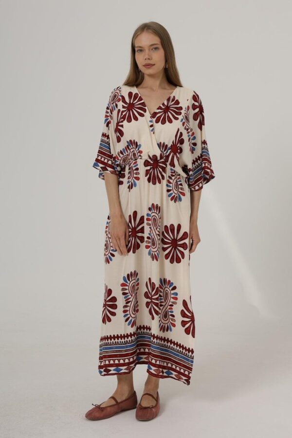 Desenli Yarım Kol Elbise - Kırmızı