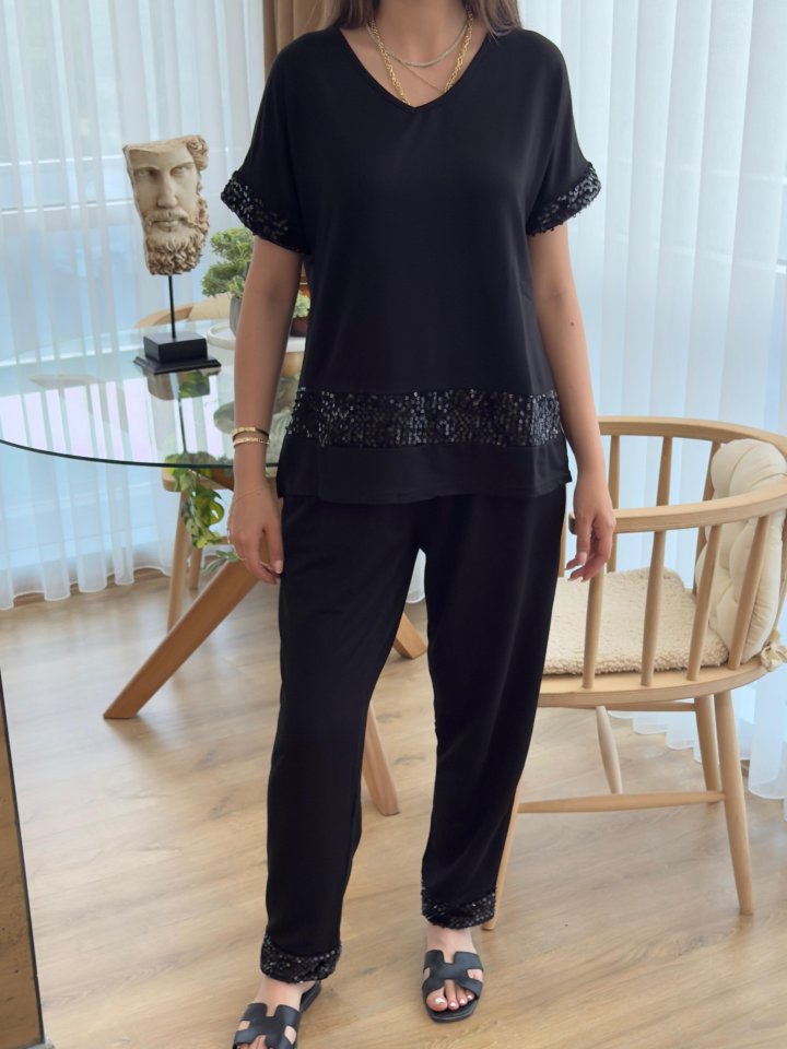 Kadın Kısa Kollu V Yakalı Pul Payetli Viskon Iki Iplik Bluz Ve Pantolon Ikili Takım - Görsel 5