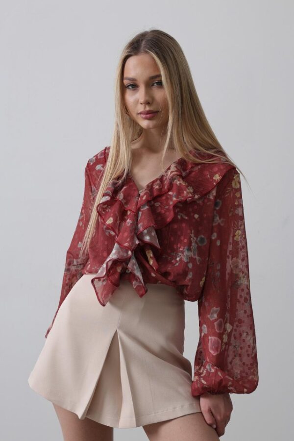 Volanlı Çiçek Desen Şifon Gömlek - Bordo
