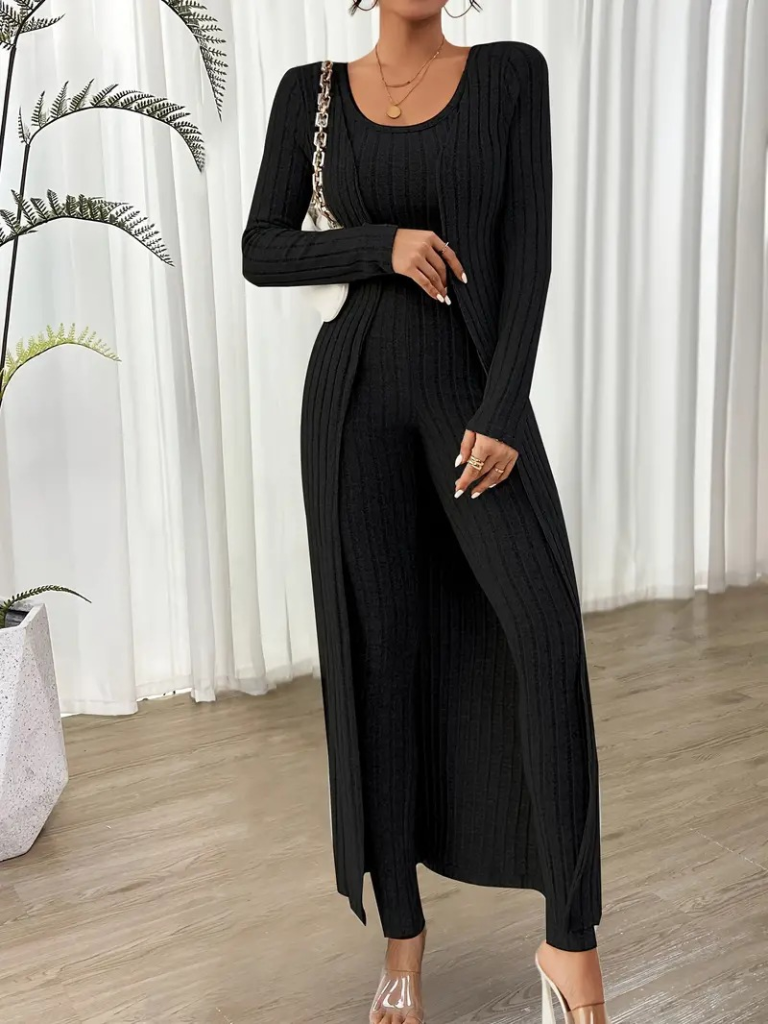 Kadın Yuvarlak Yaka Askılı Krop Bluz Yüksek Bel Tayt Ve Uzun Hırka şardonlu Kaşkorse üçlü Takım - Görsel 9