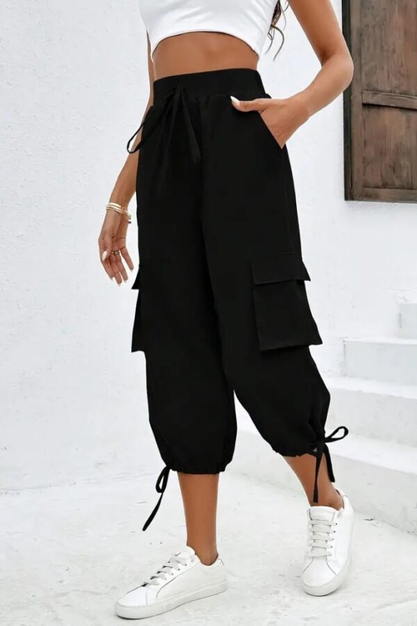 Kadın Yüksek Bel Beli Lastikli Bağcıklı Cepli Kargo Viskon Iki Iplik Pantolon