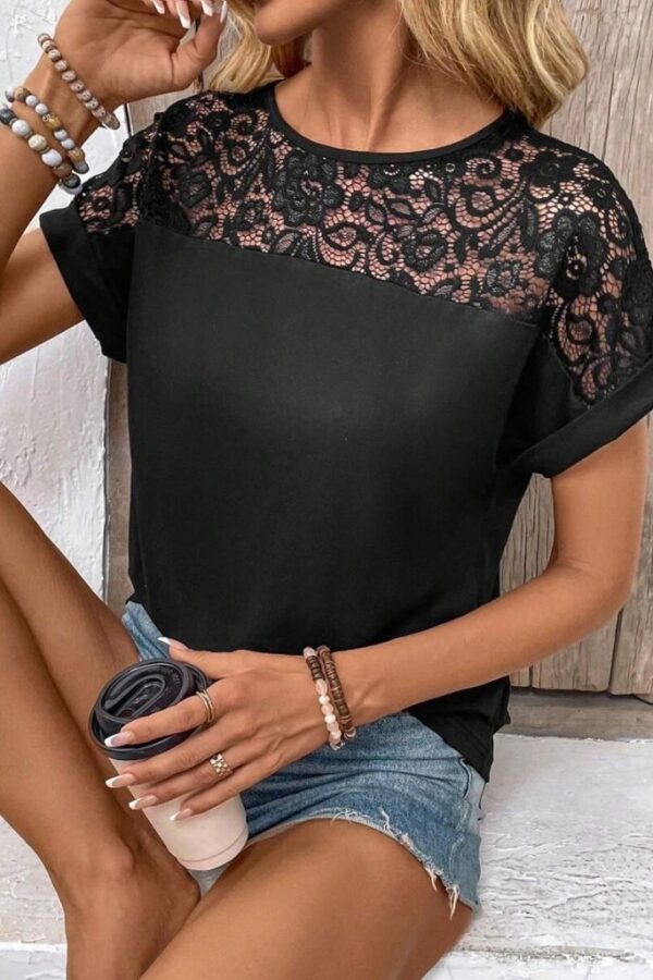 Kadın Kısa Kollu Bisiklet Yaka Dantel Detaylı Viskon Bluz