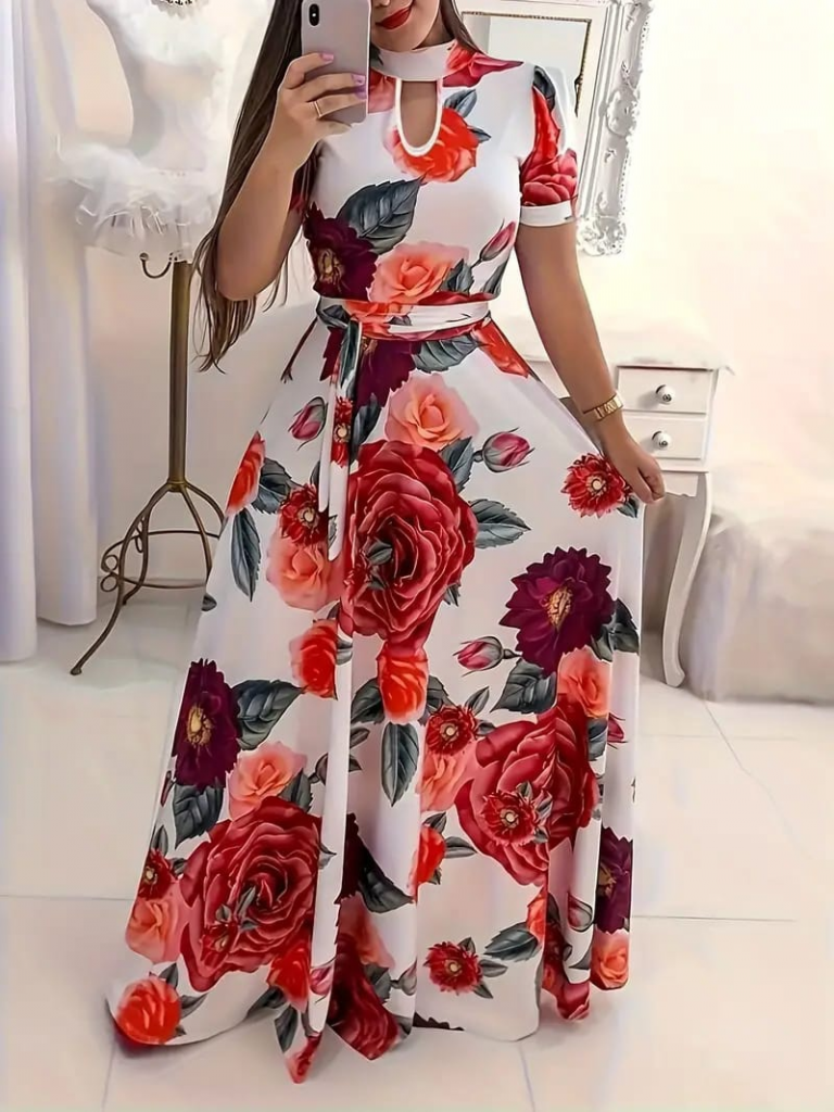 Kadın Kısa Kollu Pencere Detay Gül Baskılı Tam Boy Kiloş Elbise - Görsel 3