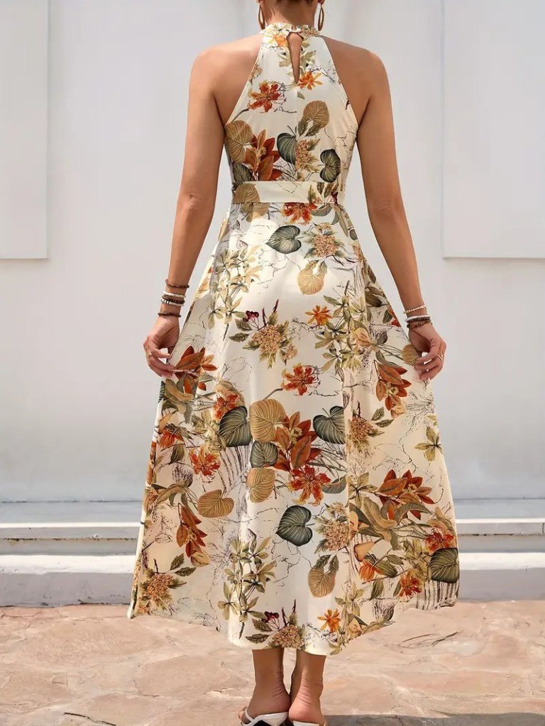 Kadın Omuzlardan Açık Halter Yakalı Yırtmaçlı çiçek Desenli Süprem Elbise - Görsel 9