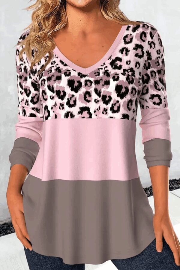 Kadın Uzun Kollu V Yakalı Leopar Baskılı şardonlu Dalgıç Bluz