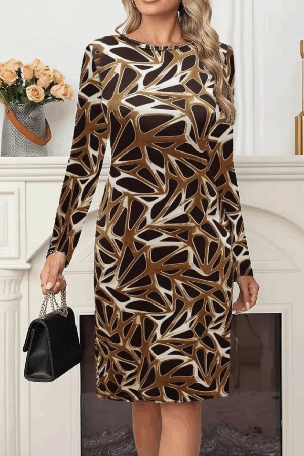 Kadın Uzun Kollu Bisiklet Yaka Desenli Dalgıç Kısa Elbise