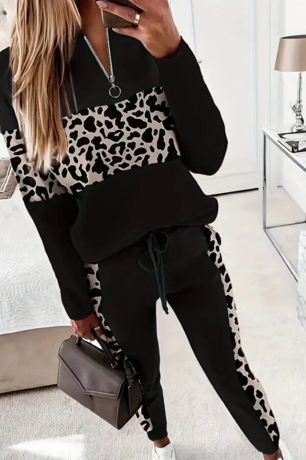 Kadın Uzun Kollu Fermuarlı Karışık Desenli Viskon Iki Iplik Bluz Ve Pantolon Ikili Takım