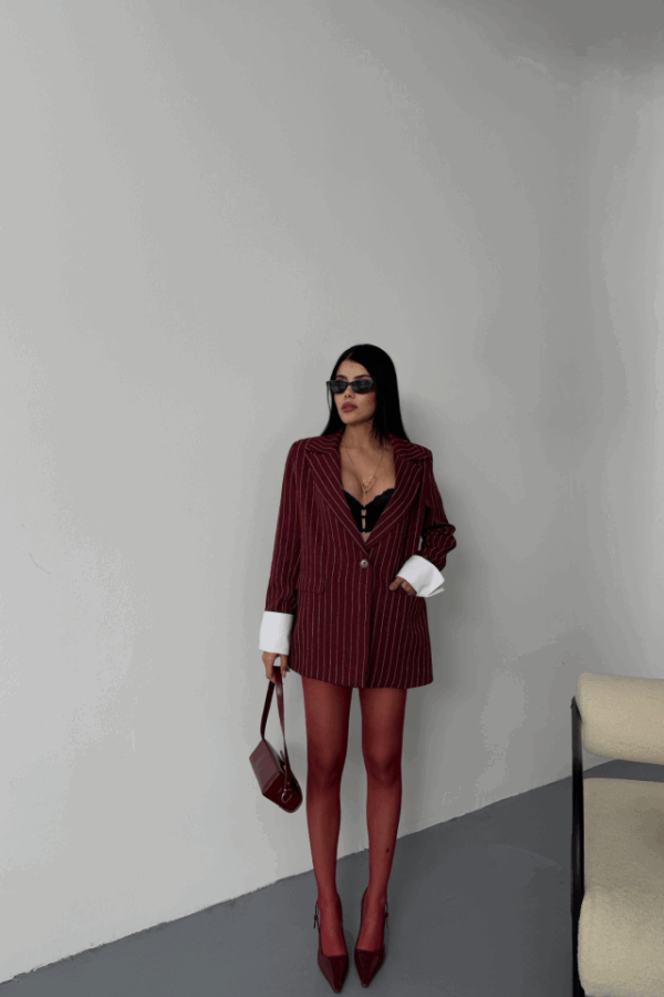 ÇİZGİLİ CEKET TEK DÜĞME EKRU MANŞET - Siyah