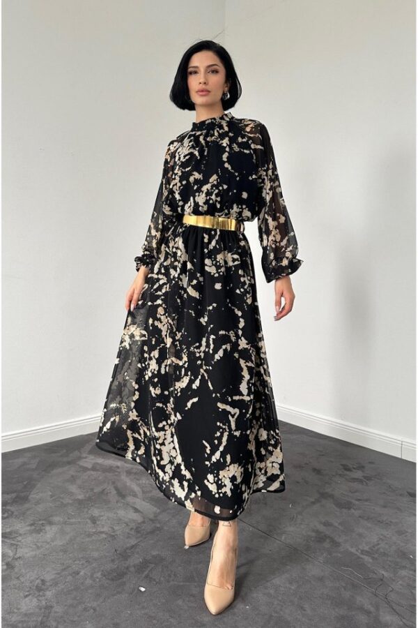 Siyah Reglan Kol Baskılı Elbise