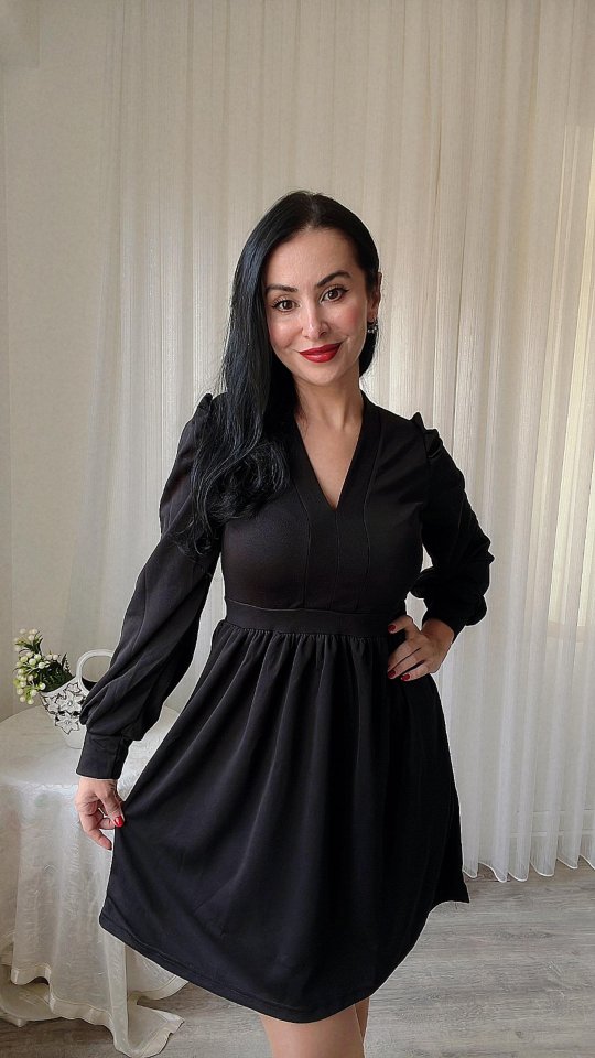 Kadın Uzun Kollu V Yaka Belden Hafif Pileli Scuba Krep Mini Boy Elbise - Görsel 8