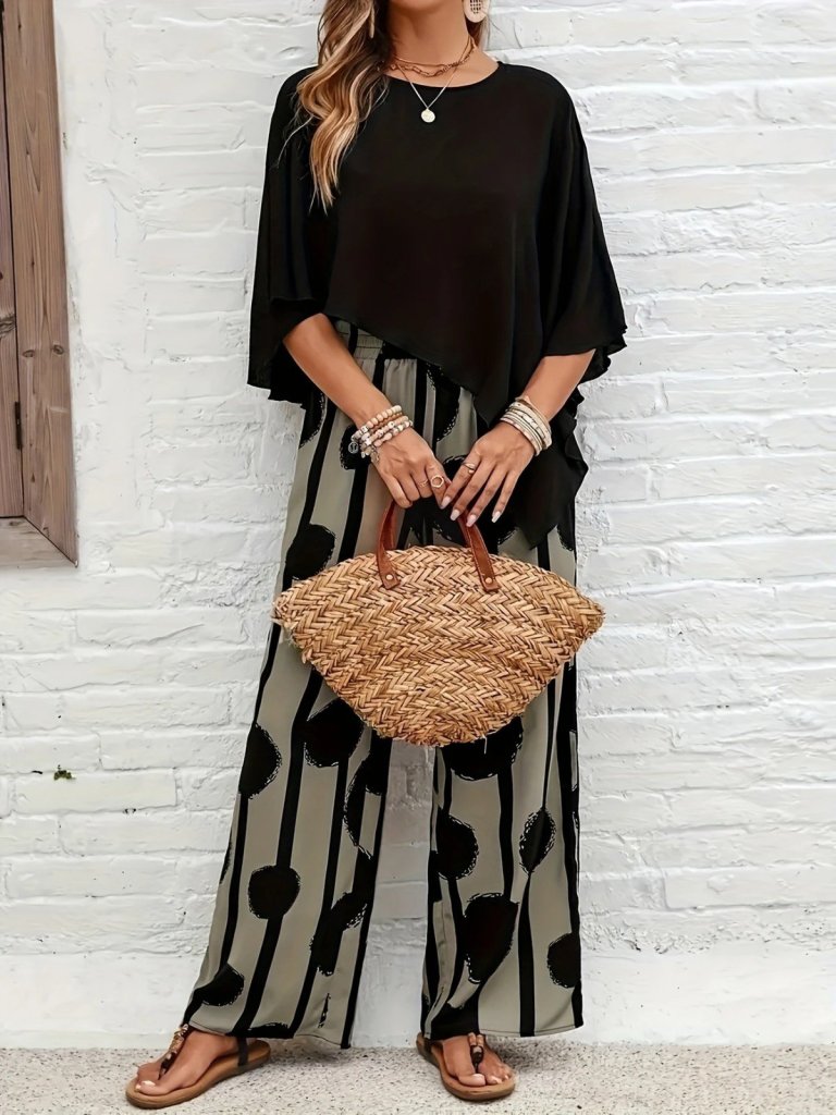 Kadın Truvakar Kol Bisiklet Yaka Asimetrik Dikişsiz Sandy Pelerin Bluz Ve Desenli Pantolon Ikili Takım - Görsel 3