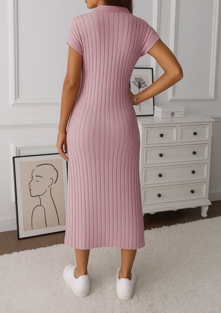 Kadın Kısa Kollu Yakalı Yandan Yırtmaçlı Kalın Fitilli Kaşkorse Elbise - Görsel 3