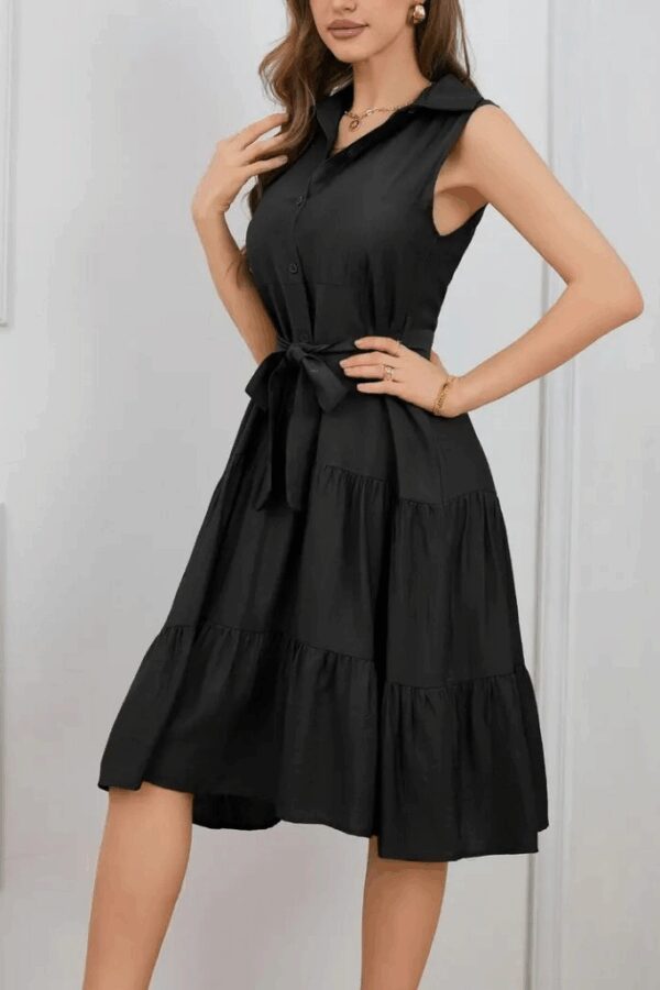 Kadın Kısa Kollu Gömlek Yaka Düğmeli Beli Kuşaklı Katlı Dokuma Midi Elbise