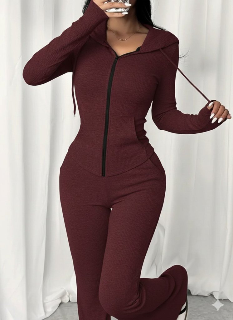 Kadın Uzun Kollu Kapşonlu Bağcıklı önü Fermuarlı Viskon Iki Iplik Bluz Ve Pantolon Ikili Takım - Görsel 11