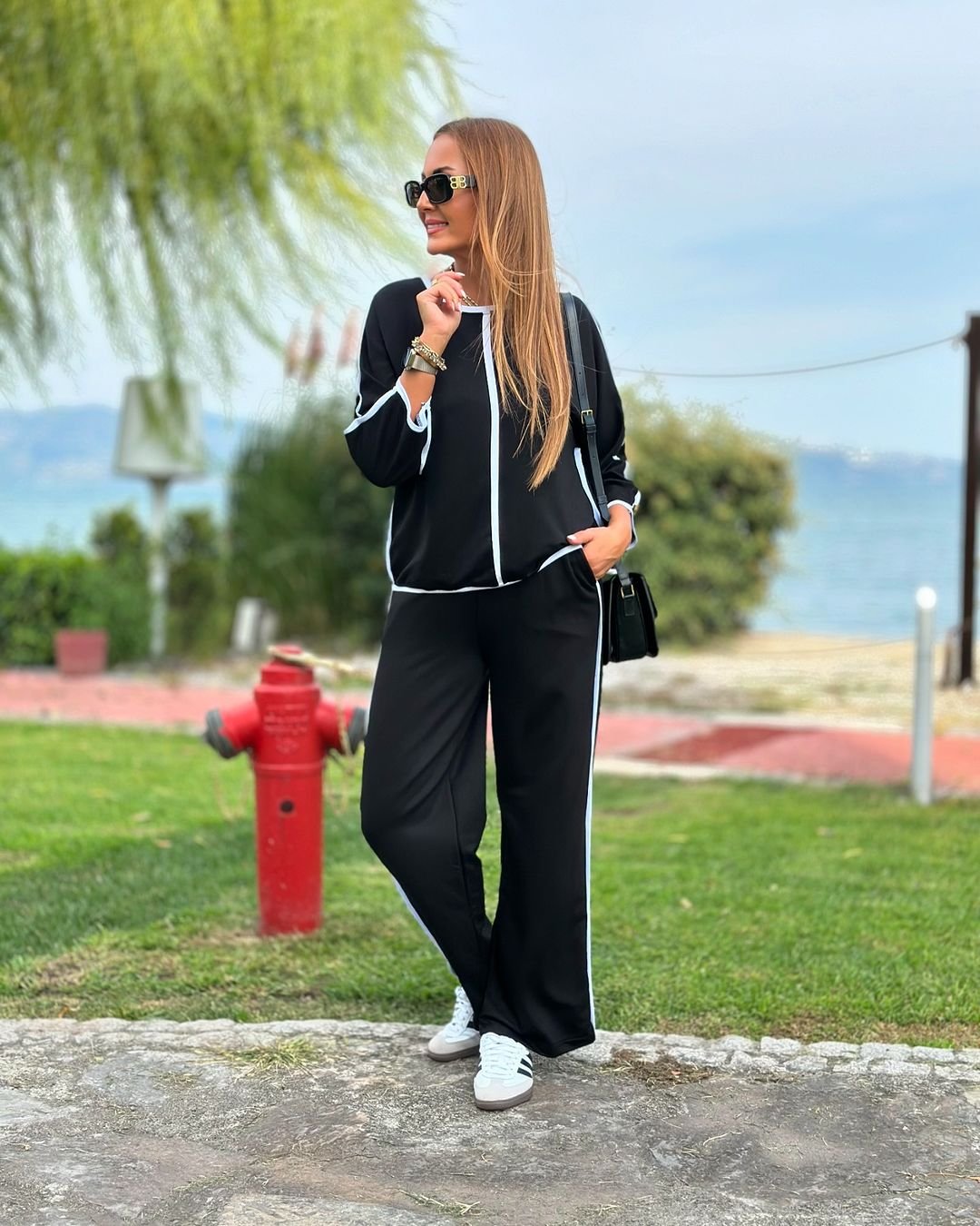 Kadın Bisiklet Yaka Truvakar Kol Biye Detay Bluz Ve Yüksek Bel Lastikli Pantolon Ikili Takım - Görsel 2