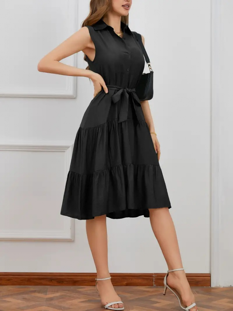 Kadın Kısa Kollu Gömlek Yaka Düğmeli Beli Kuşaklı Katlı Dokuma Midi Elbise - Görsel 4