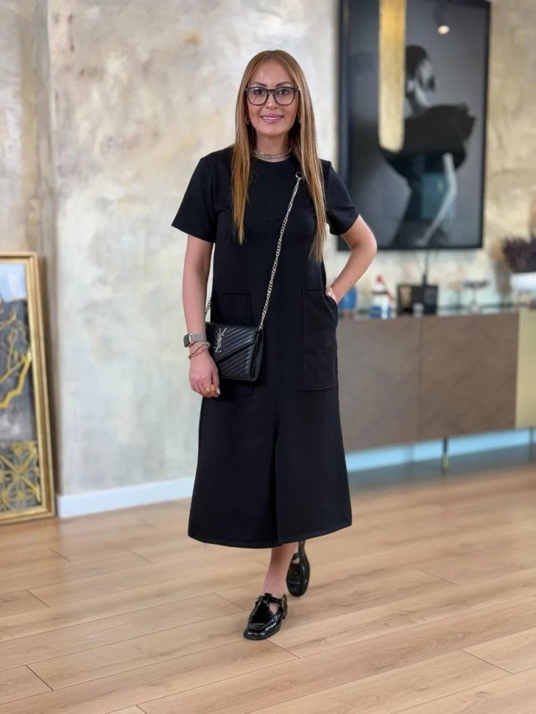 Kadın Kısa Kollu Bisiklet Yakalı Cepli önden Yırtmaçlı Viskon Iki Iplik Midi Elbise - Görsel 6