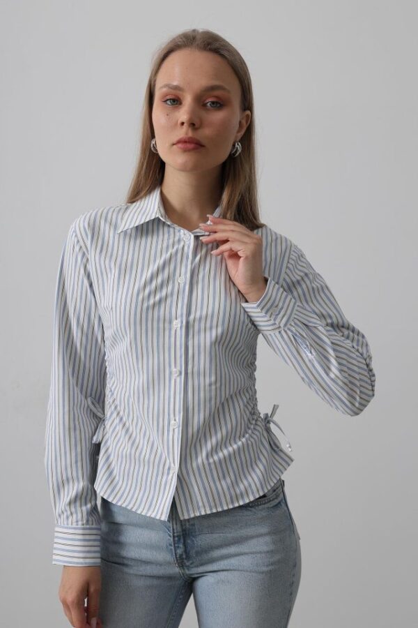 Yanları Büzgülü Çizgili Gömlek - Mavi-Siyah