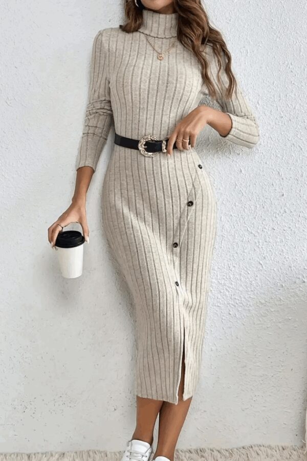 Kadın Uzun Kollu Balıkçı Yaka Yırtmaçlı Düğmeli şardonlu Kaşkorse Elbise(kemersiz)