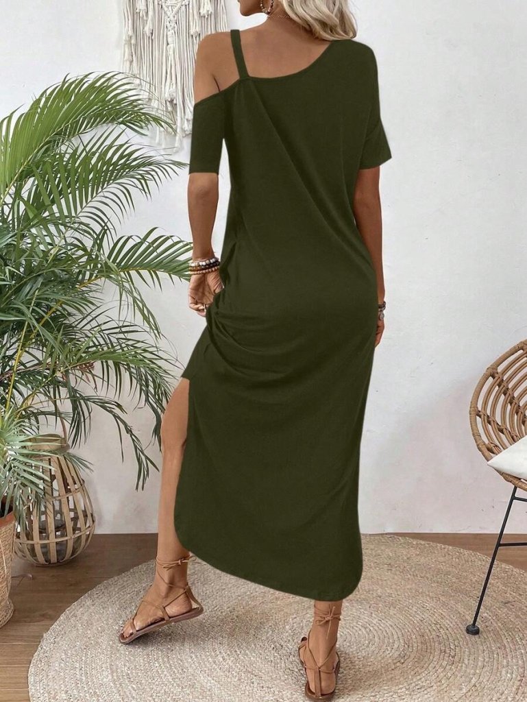 Kadın Tek Omuzdan Açık Toka Detaylı Yandan Yırtmaçlı Maksi Boy Viskon Elbise - Görsel 11