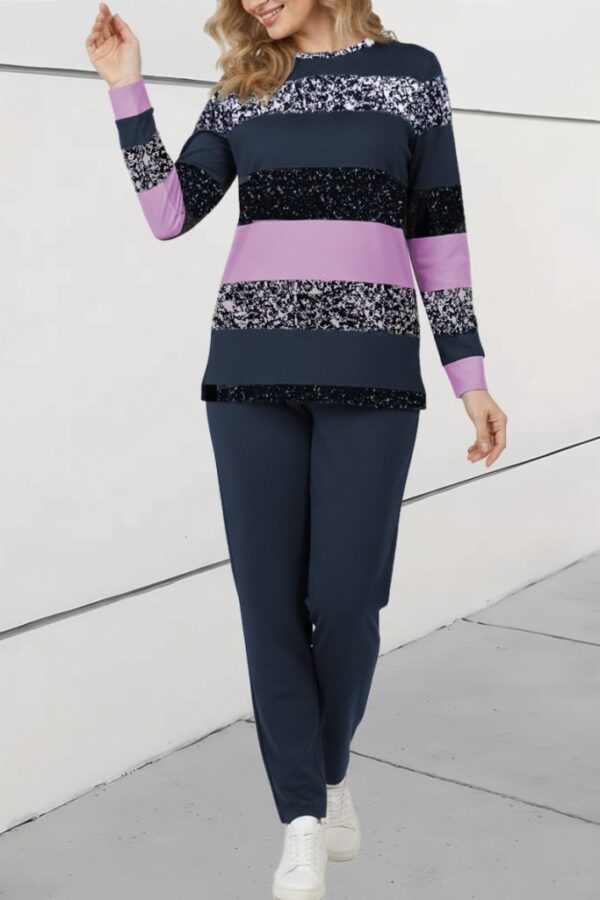Kadın Uzun Kollu Bisiklet Yaka çizgili Desen Iki Iplik Bluz Ve Pantolon Ikili Takım
