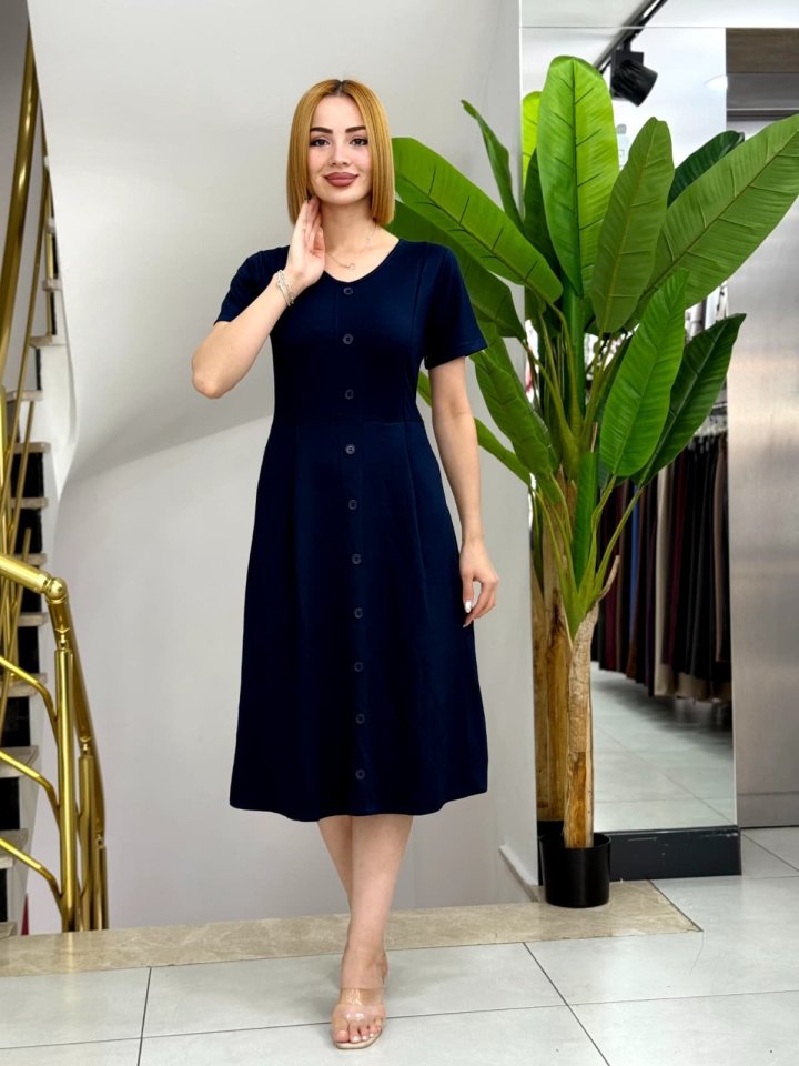 Kadın Kısa Kollu V Yakalı önden Düğmeli A Kesim Dokuma Elbise - Görsel 6