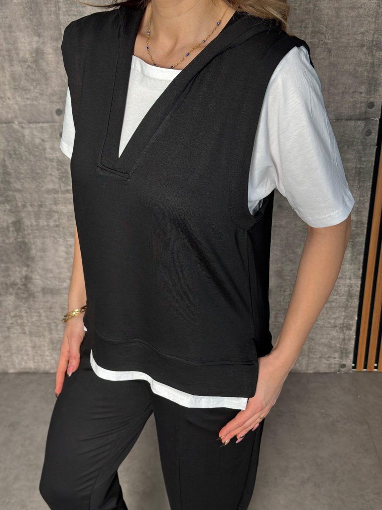 Kadın Kısa Kollu V Yakalı Kapşonlu Viskon Iki Iplik Bluz Ve Pantolon Takım - Görsel 2