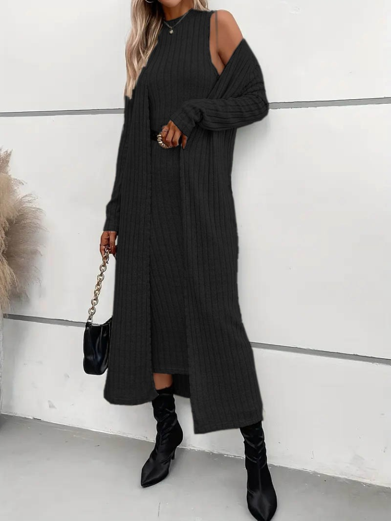 Kadın Uzun Kollu Yarı Balıkçı Yaka şardonlu Dalgıç Elbise Ve Uzun Hırka Ikili Takım - Görsel 7