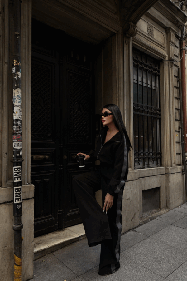 YANLARI ŞERİT DETAYLI OTTOMAN KAPİŞONLU EŞOFMAN TAKIM - Siyah