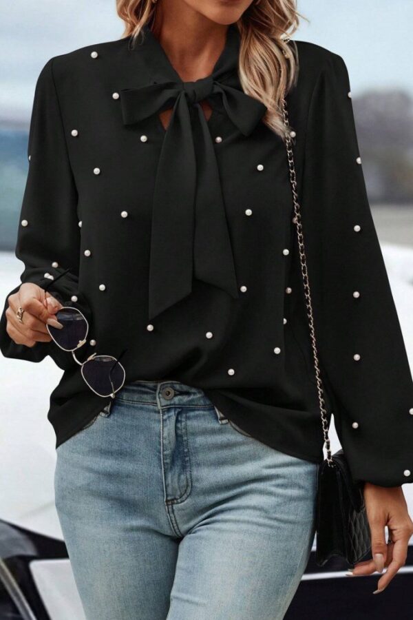 Kadın Uzun Kollu Yakadan Fiyonklu Incili Ithal Krep Bluz