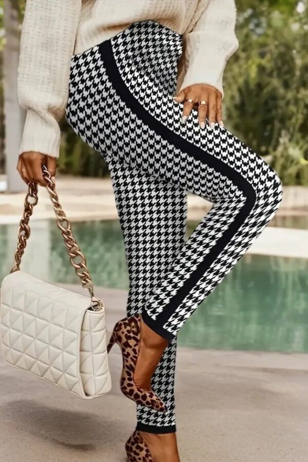 Kadın Yüksek Bel Kaz Ayağı Desenli Yanları şeritli Dalgıç Pantolon