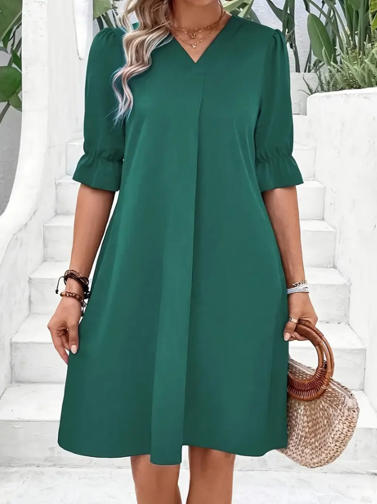 Kadın Kısa Kollu V Yakalı Salaş Janjan Krep Elbise - Görsel 7