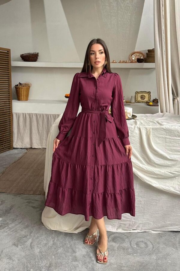 Bordo Çizgi Desenli Uzun Elbise