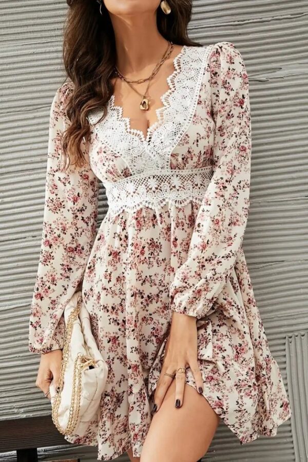Kadın Uzun Kollu Dantel V Yakalı Mini Desenli Süprem Elbise