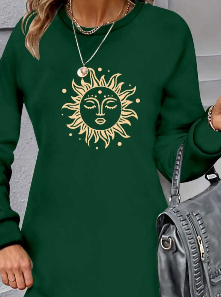 Kadın Uzun Kollu Bisiklet Yaka Güneş Desenli Viskon Iki Iplik Elbise - Görsel 13