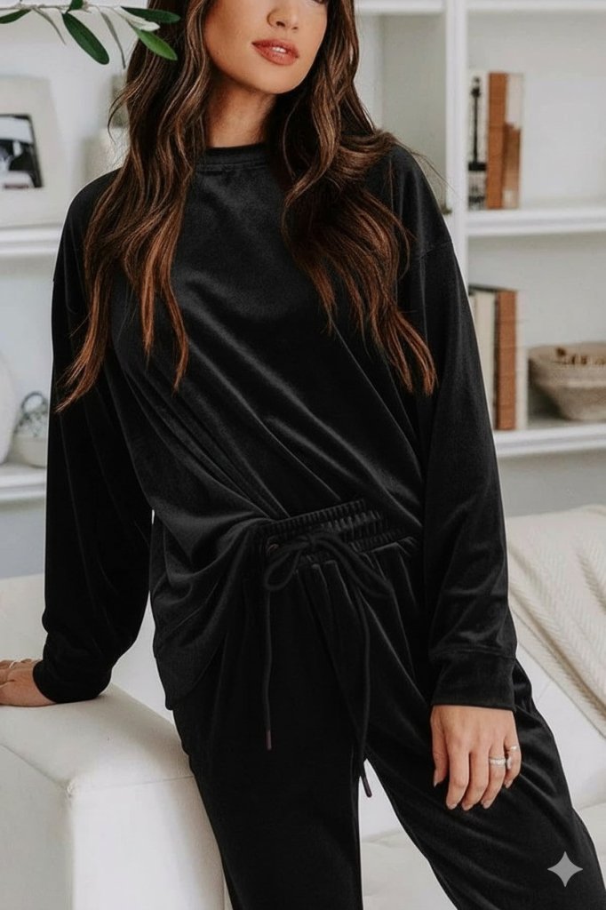 Kadın Uzun Kollu Yuvarlak Yakalı Kadife Bluz Ve Pantolon Takım - Görsel 7