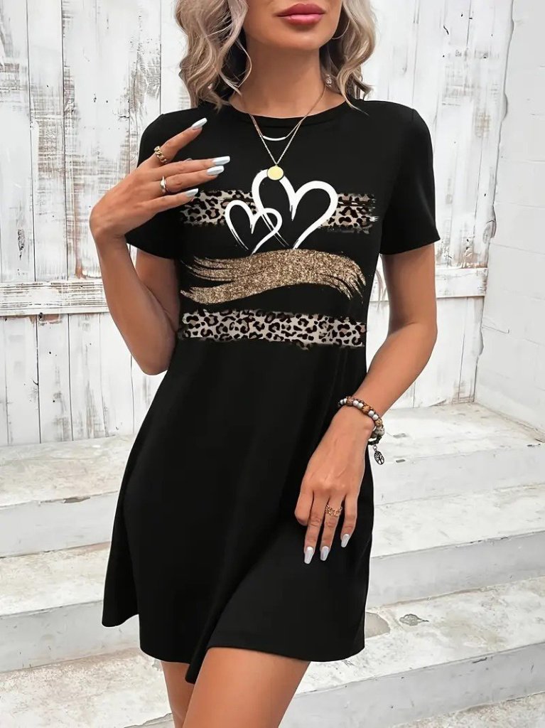 Kadın Kısa Kollu Bisiklet Yaka Desenli Viskon Elbise - Görsel 3