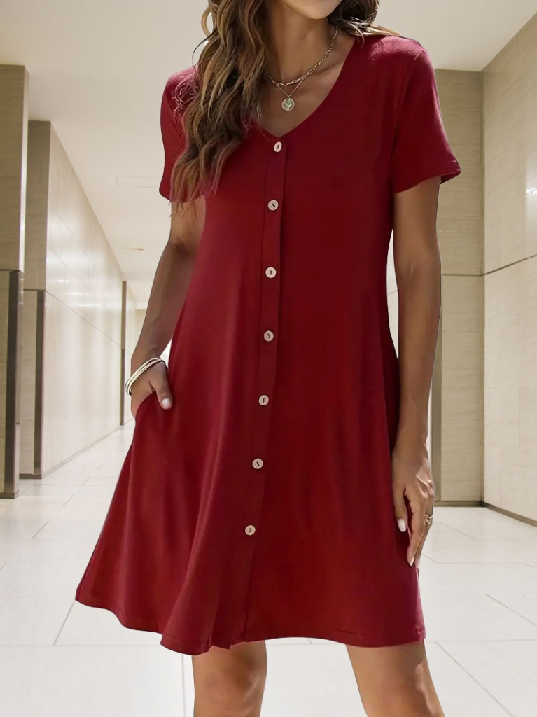 Kadın Kısa Kollu V Yaka önü Düğmeli Viskon Elbise - Görsel 12