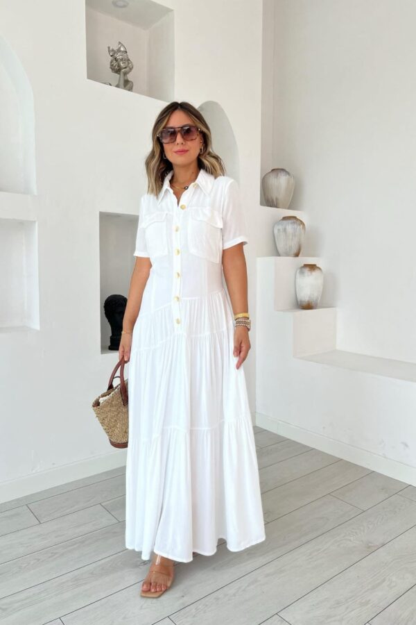 Kadın Dokuma Kumaş Cep Detaylı Maxi Boy Gömlek Elbise