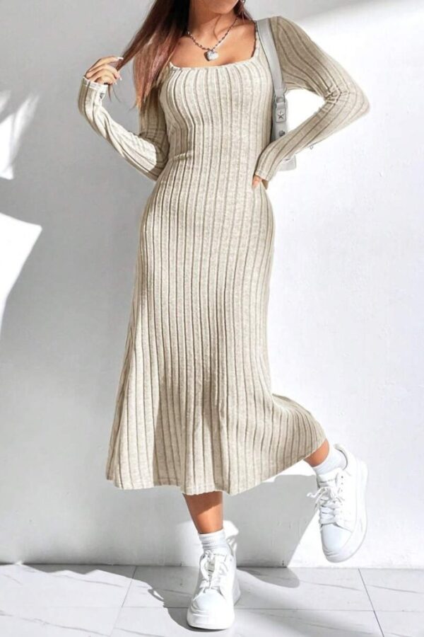 Kadın Uzun Kollu Kare Yaka Midi Kaşkorse Elbise