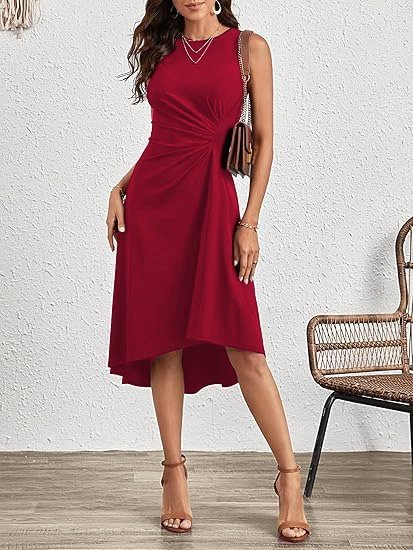 Kadın Sıfır Kollu Bisiklet Yaka Büzgülü Asimetrik Kesim Detaylı Janjan Krep Elbise - Görsel 10