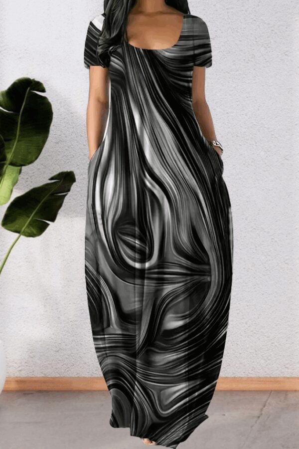 Kadın Kısa Kollu Yuvarlak Yaka Cepli Salaş Baskılı Süprem Elbise