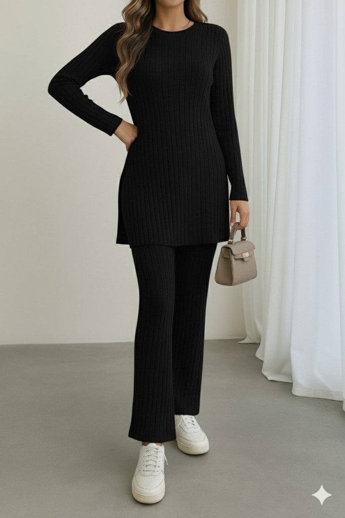 Kadın Uzun Kollu Yuvarlak Yaka Yandan Yırtmaç Detaylı şardonlu Kaşkorse Bluz Ve Pantolon Ikili Takım - Görsel 6