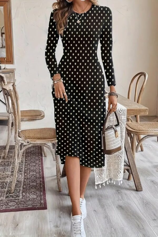 Kadın Uzun Kollu Bisiklet Yaka Puantiyeli örme Krep Midi Elbise