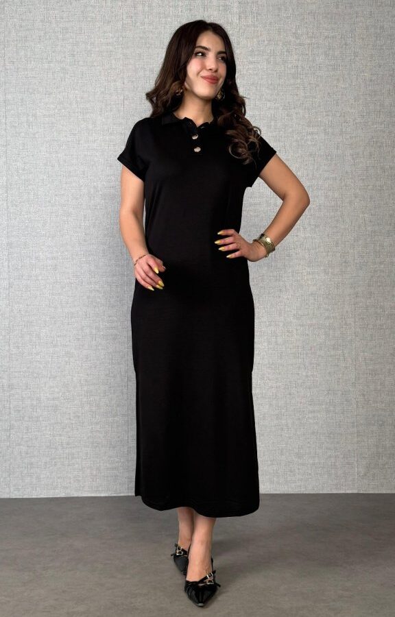 Kadın Kısa Kollu Yakalı Yandan Yırtmaçlı Viskon Iki Iplik Elbise