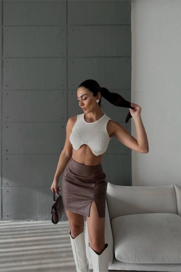 KAPİTONE DERİ ETEK YIRTMAÇLI - Kahverengi