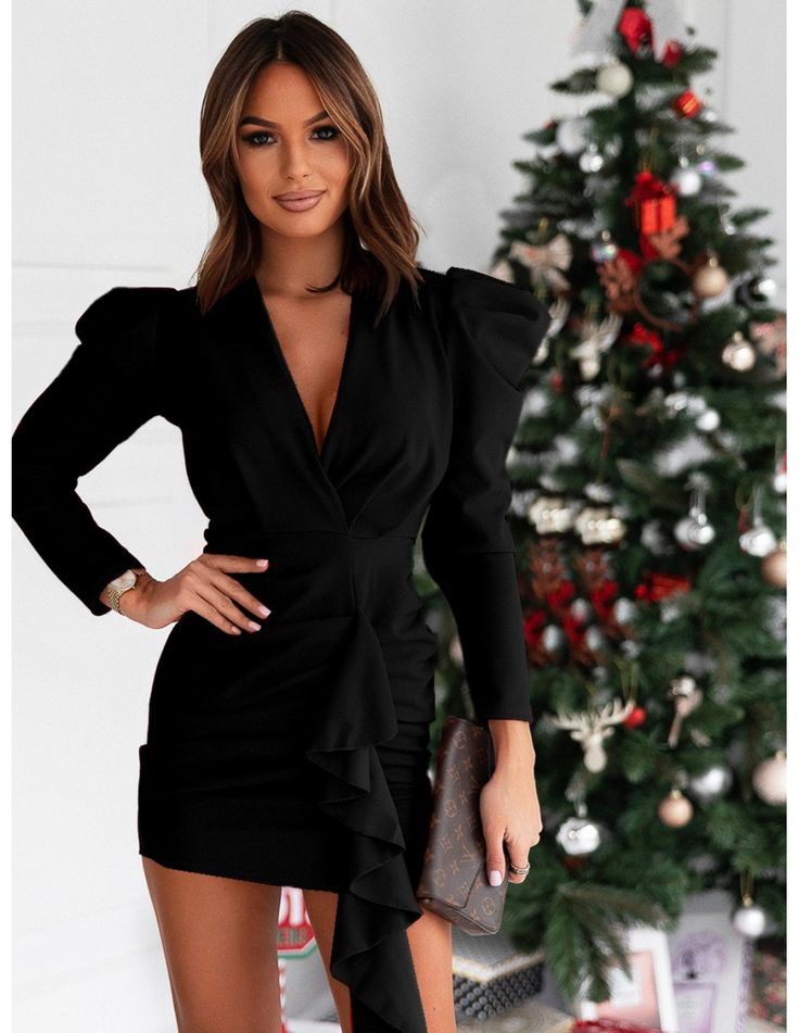 Kadın Uzun Kollu Kruvaze Yaka Karpuz Kol Eteği Fırfır Detay Krep Mini Elbise - Görsel 2