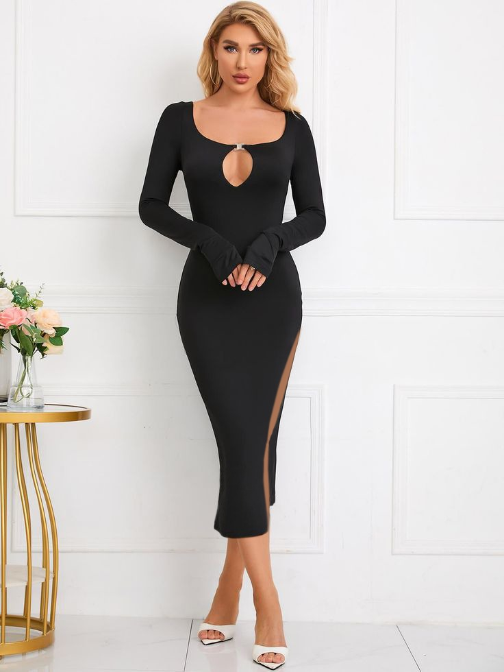 Kadın Uzun Kollu Yaka Damla Detay Mini Aksesuarlı Yırtmaç Detay Krep Elbise - Görsel 2