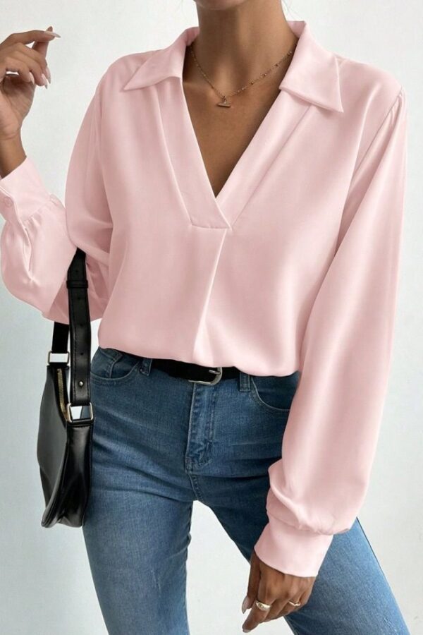 Kadın V Yaka Uzun Kollu Mosskrep Kumaş Bluz