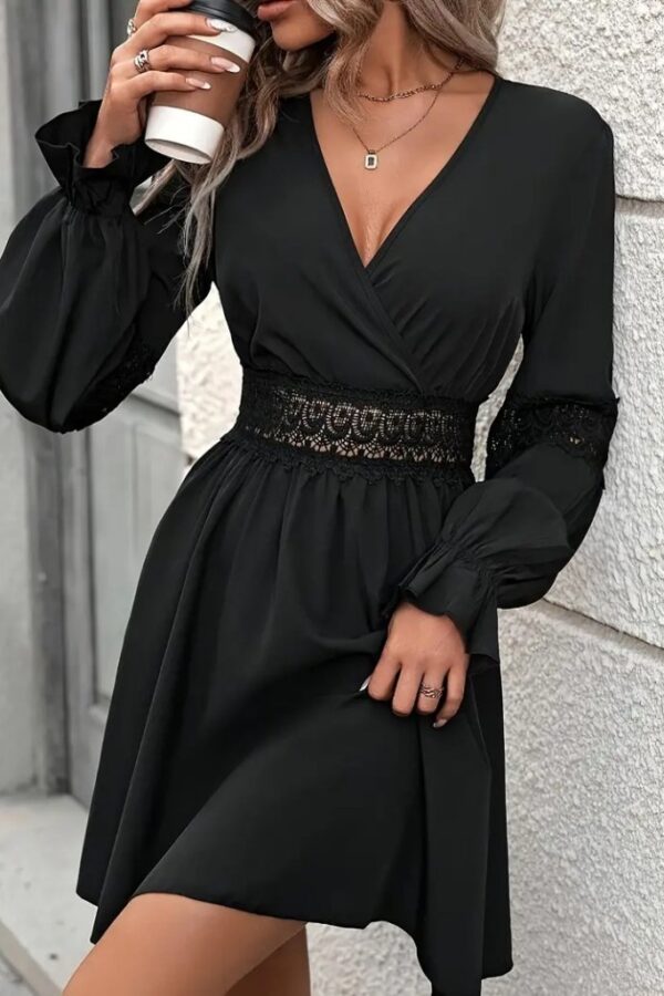 Kadın Uzun Kollu Kruvaze Yakalı Dantelli Fermuar Detaylı Kısa Ithal Krep Elbise